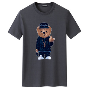 T-shirt blanc pour homme à col rond avec imprimé personnage d'ours, style streetwear, manches courtes, jersey de coton, coupe classique - Product Image 3