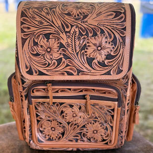 Hand <b>Tooled</b> Genuine <b>Leather</b> Backpack Western Floral Design Travel School Laptop Bag - Product Image 1