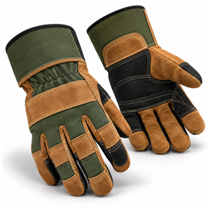 Guantes de Trabajo Color Verde Oliva y Marrón con Paneles de Gamuza en Capas, Detalles Negros en la Palma, Puño Extendido, Ropa de Trabajo Industrial Personalizada - Product Image 1