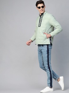 Men's <b>Light</b> Green Puffer <b>Jacket</b> Stand Collar Zipper Front Casual Autumn Wear Solid Color Slim Fit Windproof Polyester Wadding - Product Image 3