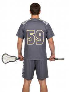 Ensemble uniforme de lacrosse sublimé gris pour hommes, col en V, numéro 59, maillot athlétique à manches courtes et short - Product Image 2