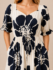 Robe longue blanche à imprimé floral, col cœur, manches bouffantes, taille élastique, style western, vente en gros, vêtements pour femmes de haute qualité - Product Image 6