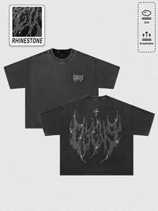 เสื้อยืดผู้ชาย OEM ลายกราฟิกประดับเพชร สีดำฟอก ทรงโอเวอร์ไซส์ สกรีนโลโก้ได้ สตรีทแวร์ ไซส์พลัส ทรงบ็อกซี่ ฟิต ทรงดิสเทรส - Product Image 2