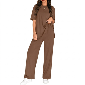 Short Sleeve Crew Neck Co-ord <b>Set</b> For Women's With Drawstring Waist And Wide Leg Pants Perfect Casual Summer Outfit Women's <b>Sets</b> - Product Image 3
