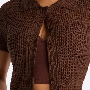 <b>Women's</b> <b>Brown</b> Short Sleeve Knitted <b>Cardigan</b> Turn-down Collar Button Down Hollow Out Casual Summer Top Handmade Cotton Sweater - Product Image 3