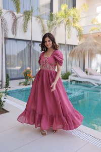 Women Mal Chanderi Beads Embroidery Work <b>Ankle</b>-Length Regular Fit Traditional Indian Wedding Party Dress Wrinkle-Free - Product Image 3
