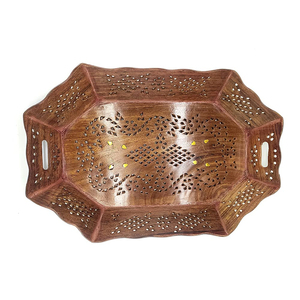 Plateau de service artisanal en bois de Sheesham avec incrustation en laiton, décoratif, sculpté à la main, style marocain, pour café, en-cas, table à manger à la maison - Product Image 1