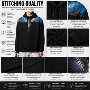 Sweat à capuche noir pour homme avec imprimé ailes d'ange bleues, sweat à capuche tendance pour homme, impression de logo personnalisée, fabricant de vêtements - Product Image 6