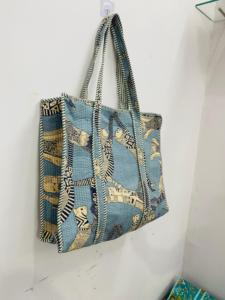 Premium Handmade Cotton Quilted Tote <b>Bag</b> Women Blue Animal Printed <b>Large</b> Shoulder Travel <b>Bag</b> - Product Image 2