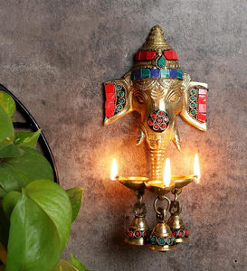 Gemstone Work <b>Brass</b> Ganesha Wall Hanging Diya - Product Image 2