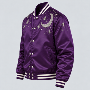 Chaqueta Varsity de Satén con Pedrería de Lujo, Elegante Chaqueta Bomber con Cristales y Estrellas, con Dobladillo Acanalado, para Moda Urbana y Fiestas - Product Image 2