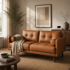 Sofá de Cuero Genuino de Lujo, Estilo Moderno de Mediados de Siglo, con Patas de Madera Sólida y Cojines Acolchados para Sala de Estar, Apartamento u Hotel - Product Image 1