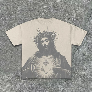 T-shirt pour homme blanc à imprimé photo de Jésus sur le devant, manches courtes, col rond, coupe classique, imprimé numérique, décontracté, 100% coton jersey - Product Image 3