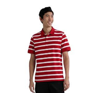เสื้อโปโลแขนสั้นผู้ชายลายทางถักนิตติ้งลำลองสีดำสีขาวสีเทาทรงปกติ - Product Image 4