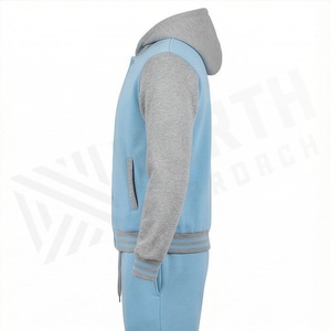 Survêtement unisexe bleu clair à capuche avec manches grises, couleur unie, vêtements de sport décontractés, design à fermeture boutonnée sur toute la longueur, vêtements d'automne - Product Image 3