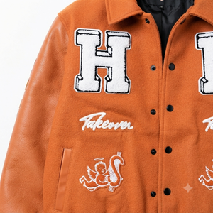Veste de course personnalisée en laine orange avec manches en laine, patchs brodés, style Letterman universitaire, streetwear, imperméable - Product Image 6