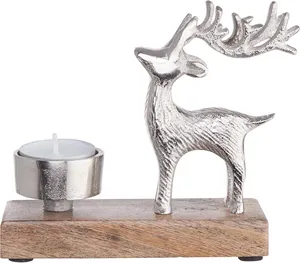 Support de bougie chauffe-plat en forme de cerf argenté avec base en bois, décoration de Noël, support de bougie décoratif en forme d'animal pour table, décoration d'intérieur - Product Image 1