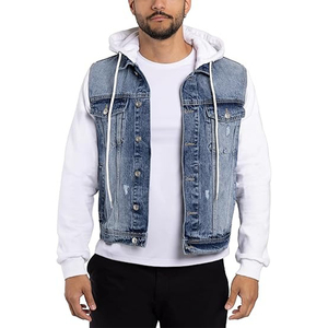 Wholesale OEM High Quality <b>Men</b> Denim Jacket with Hoody Casual <b>Jeans</b> with Hood Blue Denim Shirts Hoodies <b>Men</b> Clothing - Product Image 5