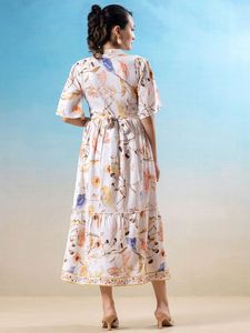 Casual Wear with Elegant Women's Cotton Dress White Floral Print Formal Summer Midi Dress V-neck <b>Three</b> Quarter Sleeve Lace - Product Image 3