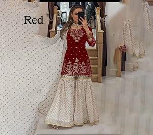 Ensemble Sharara traditionnel et élégant en Georgette brodé avec dupatta, idéal pour les fêtes en hiver comme en été - Product Image 1