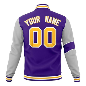 Blouson universitaire coupe-vent personnalisé violet et gris avec blocs de couleur, impression en relief, broderie, nom et numéro d'équipe, design patch, décontracté pour homme - Product Image 3