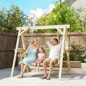 Balançoire de véranda en bois 3 places avec support, balançoire de patio en bois naturel avec tables latérales pour jardin, bord de piscine ou cour arrière - Product Image 2
