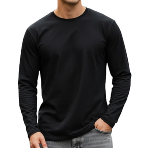 T-shirts noirs décontractés à manches longues pour hommes, tendance été, style uni, 100% coton. - Product Image 1