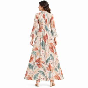 Vestido maxi con estampado floral para mujer, manga larga, plisado frontal, puños acampanados, elegante, línea A, modesto, informal, para fiesta. - Product Image 6