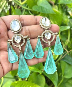 Pendientes tradicionales de cristal en forma de lágrima chapados en oro con piedras turquesa para mujer, joyería de fiesta - Product Image 4