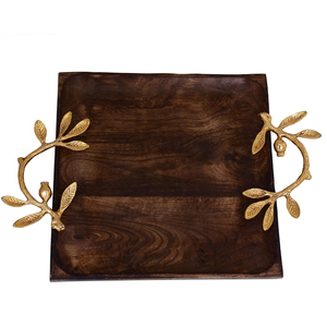 Plateau rond élégant en bois finition naturelle avec poignées dorées, plateau de service décoratif pour table basse, salon, cuisine - Product Image 2