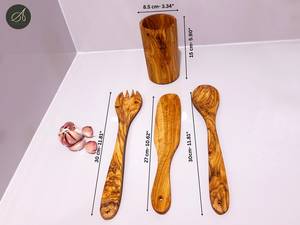 Ensemble d'ustensiles de cuisine en bois d'olivier : cuillère, spatule, fourchette-cuillère et support - Product Image 2