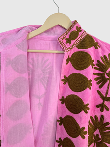 Pink <b>Velvet</b> Embroidered Mandarin Collar Blazer Full Sleeve Hand Embroidery Pattern Women's Spring Jacket Bohemian Cotton Lining - Product Image 5