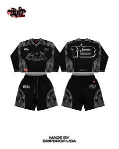Grey Camo Division Sports Jersey Shorts Set | Oversized <b>Long</b> Sleeve Top & Shorts | Streetwear <b>Matching</b> Set OEM - Product Image 5