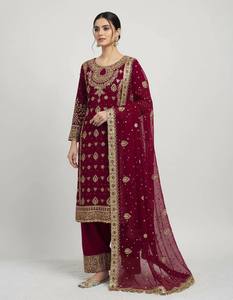 Conjunto de traje de georgette sintético pesado con bordado de lentejuelas de 5 mm – Kurti de manga larga, pantalón a juego y dupatta, ropa étnica - Product Image 4