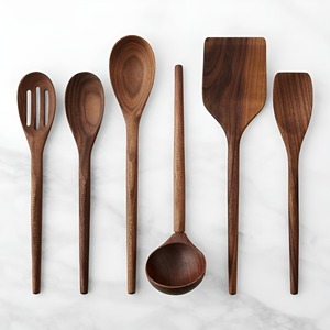 Luxury Walnut Wood Kitchen Tools Set 6 PCS Solid Wooden Cooking Spoons Spatulas Home Restaurant Wholesale Sustainable Dishwasher - Product Image 1