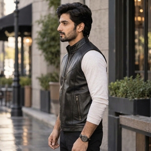 <b>Men</b> Leather <b>Vest</b> Featuring Soft Leather Material Classic Sleeveless Design Comfortable Fit Multiple Storage Pockets Strong - Product Image 4