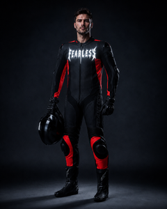 Combinaison de moto en cuir Fearless à impression réfléchissante, noire et rouge, coupe-vent, toutes saisons, pour la course - Product Image 1