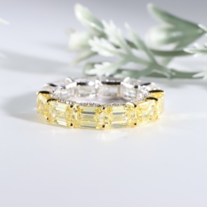 Emerald Cut Yellow and White Eternity Two Tone Half Canary Lab Grown Diamond Gold Wedding Bands Women Multi Stone <b>Fine</b> Gift <b>Ring</b> - Product Image 4