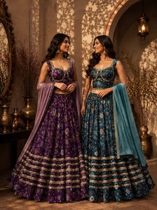 ชุดเลเฮนกาโชลีพิมพ์ลายสีม่วง พร้อมผ้าคลุมไหล่ปักลายแบบอินเดีย สำหรับงานแต่งงานและงานเทศกาล - Product Image 5