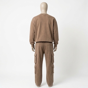 Conjunto de Pantalones y Sudadera Cargo Marrón Lavado para Hombre, Cuello Redondo Oversize, Bolsillos Utilitarios, Chándal Casual de Dos Piezas a Juego para Streetwear - Product Image 4