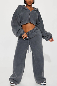 Ensemble de survêtement décontracté pour femme, hiver, imprimé, coupe oversize, avec sweat à capuche court, effet délavé à l'acide, strass, effet soleil, fermeture éclair, manches longues, écoresponsable - Product Image 3