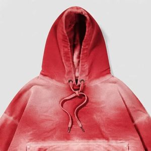 Oversized Cropped <b>Hoodie</b> <b>Red</b> Dip Dye Fleece Unisex Autumn Sweatshirt With Belt And Pocket - Product Image 2