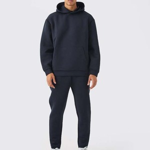 Survêtement à capuche bleu marine pour homme, coupe classique, couleur unie, avec poches latérales, vêtement d'automne 100% coton - Product Image 1