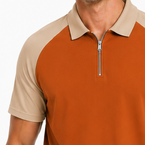 Premium Men's Quarter Zip Raglan <b>Polo</b> Shirt <b>Orange</b> Beige Two Tone Short Sleeve Golf <b>Polo</b> Shirts - Product Image 3
