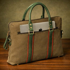 Porte-documents classique en toile pour ordinateur portable, couleur olive, sac de bureau professionnel durable avec poignées en cuir, bandoulière, grande capacité - Product Image 1