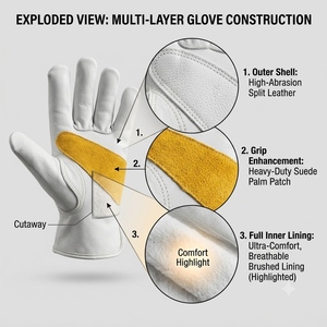 Gants de sécurité en cuir grainé de vachette Palm Patch avec manchette de sécurité, résistants à la chaleur, respirants, robustes, doux, confortables et anti-vibrations - Product Image 2