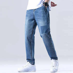 Jean en denim tricoté coupe droite, slim, extensible, respirant, en coton, délavé, couleur unie, style urbain, pour l'hiver, à prix raisonnable - Product Image 5