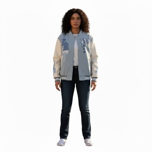 Chaqueta Varsity Azul Bebé Personalizada SHY SPORTS OEM con Mangas Crema, Letra M de Palmera de Los Ángeles, Parche de Estrella y Estampado de Llama, Chaqueta Bomber Letterman - Product Image 3