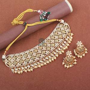 Ishanya Gold Plated <b>Pearl</b> Polki Designer Choker <b>Set</b> with Zircon Earrings for Bridal Festival - Product Image 2