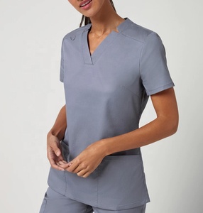 Women's Gray V-Neck Short Sleeve <b>Scrub</b> <b>Top</b> With Pockets Cotton Polyester Woven Hospital Uniforms <b>Scrub</b> Set For Medical Use - Product Image 5